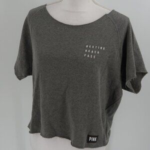 Victoria's Secret Pink Cut off Gray Sweatshirt Lace up Back Resting Beach Face M